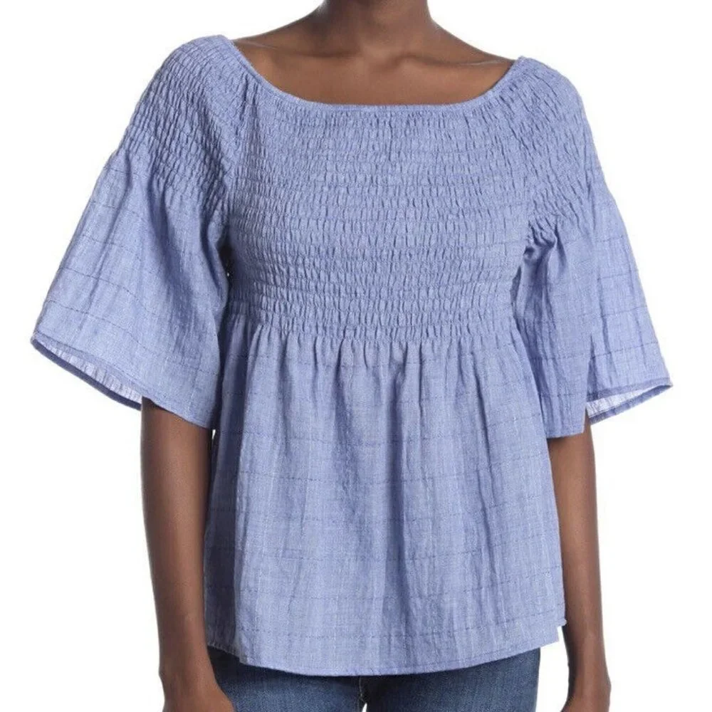 Liverpool Off The Shoulder Top Blue Chambray Smocked Short Sleeve Small Casual - Picture 15 of 16